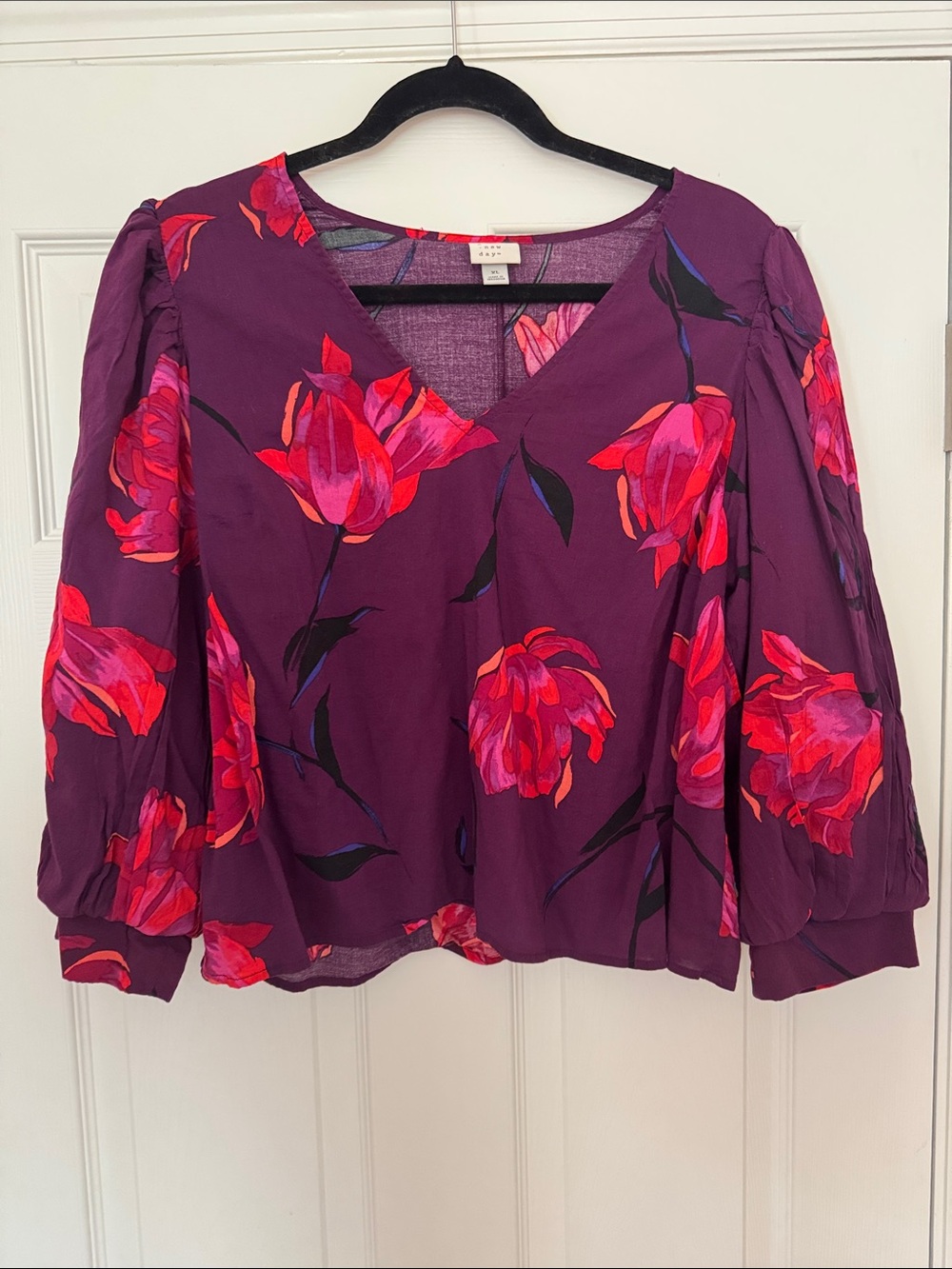 a new day Purple V-Neck Floral Blouse with Pink-Red Blooms